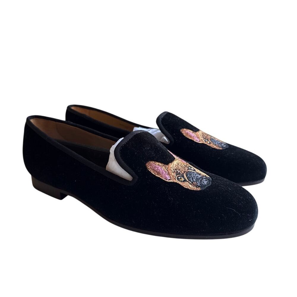 Journey West French Bulldog Embroidered Black Velvet Loafers Size 10 NEW NWT